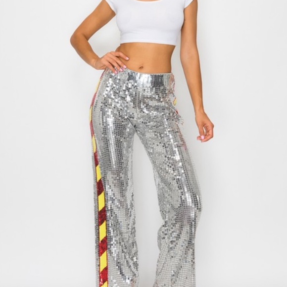 π₯2x HPπ₯Silver Sequin Hazard Stripe Palazzo Pants - Picture 1 of 9